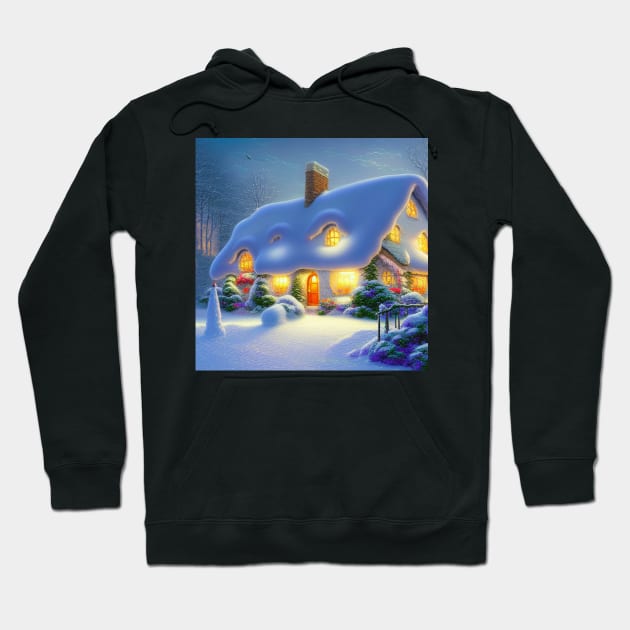 Magical Fantasy Cottage with Lights In A Snowy Scene, Scenery Nature Hoodie by Promen Art